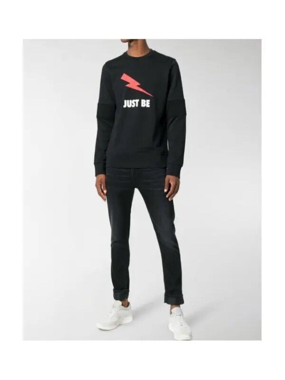 NEIL BARRETT Men Crewneck Sweatshirt Just Be Thunderbolt Large Black Slim Fit